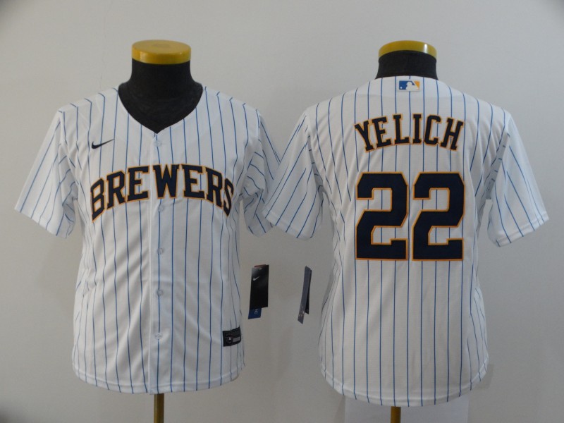 Youth Milwaukee Brewers #22 Christian Yelich White 2020 Cool Base Stitched MLB Jersey